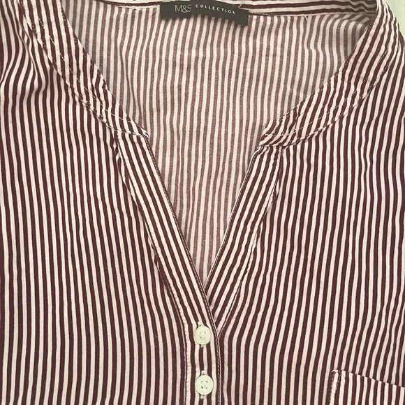 MARKS & SPENCER Womens Top Blouse Striped Red White Burgundy Cuffed Pocket - Picture 3 of 8